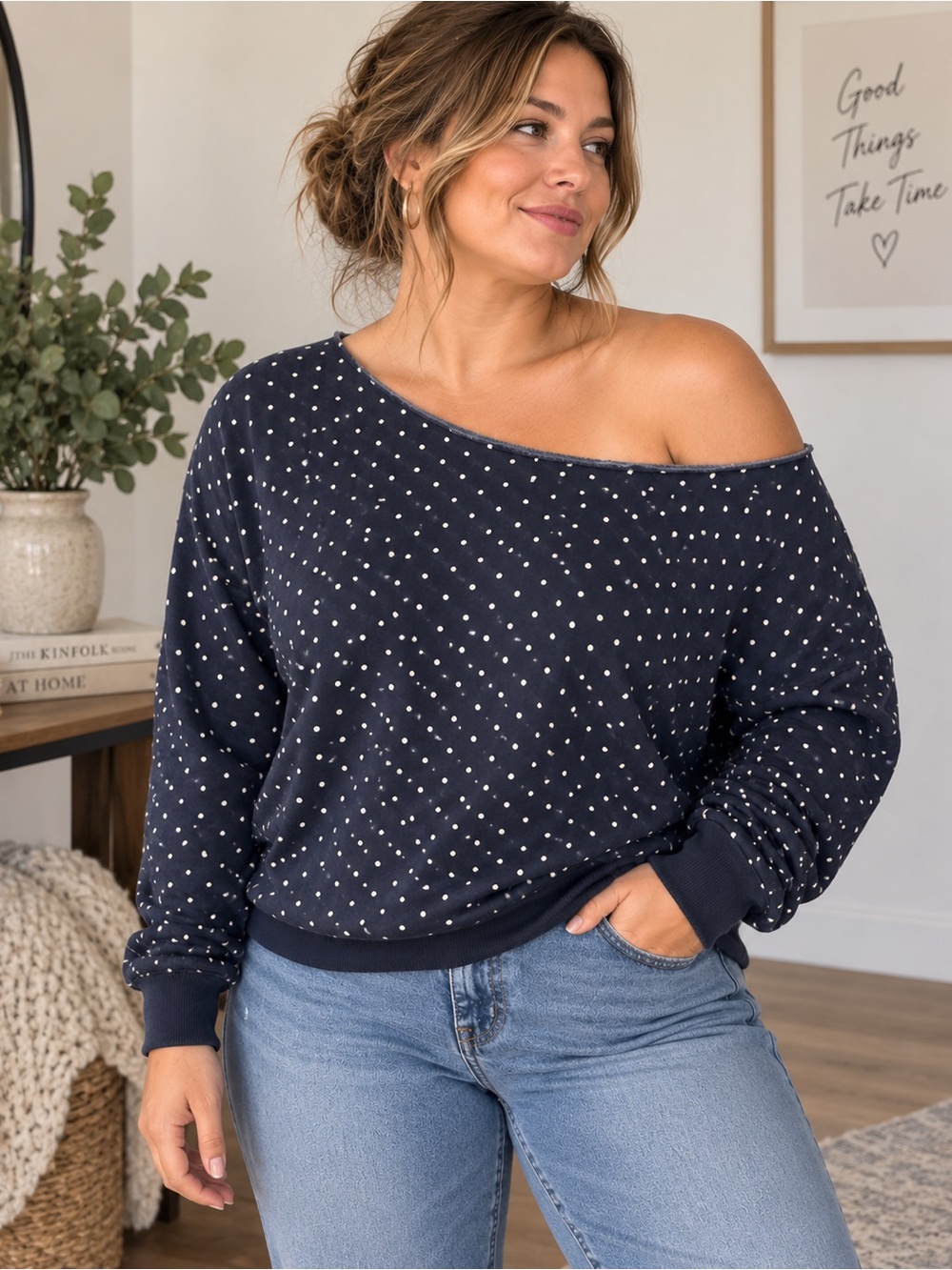 Wild Fable Navy Polka Dot Off Shoulder Sweatshirt Size L POCKETS